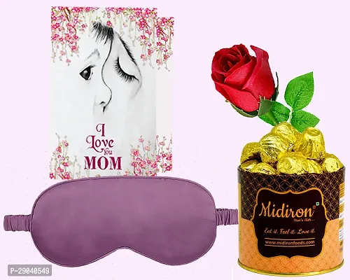 Midiron Mothers Day Premium Gift |Gift for Mother's Day, Women's Day|Comfortable Sleep Travelling Eye Mask Combo Gift for Mom |Card and  Artifical Rose, Eye Mask, Chocolate Box Pack of 4