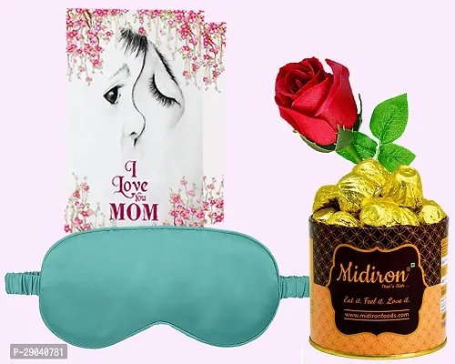 Midiron Mothers Day premium Gifts| Chocolate Box  gift for mom |Eye Mask for travelling sleep mask |Bautiful Gift for Mothers Day| Artifical Rose, Greeting Card, Chocolate Box (Pack of 4)