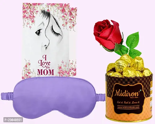 Midiron Gift for mom|Comfortable Sleep Eye Mask For Mother |Milky Chocolate gift for mom, grandma | Sleeping Eye Mask |Unique gift combo with Artifical Rose, Chocolate Box Pack of 4