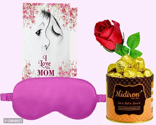 Midiron Mothers Day Chocolate Gifts| | Eye Mask Pink Color | Mother's Chocolate Gift Set | Mom  Birthday Gifts | Greeting Card and Artifical Rose, Chocolate Box 4 piece-thumb0