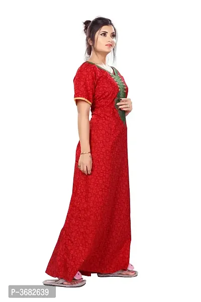 Red Cotton Embroidered Night Gown-thumb2