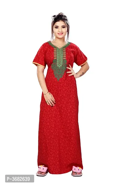Red Cotton Embroidered Night Gown