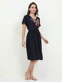 Stylish Navy Blue Rayon Embroidered Short Night Dress For Women-thumb2