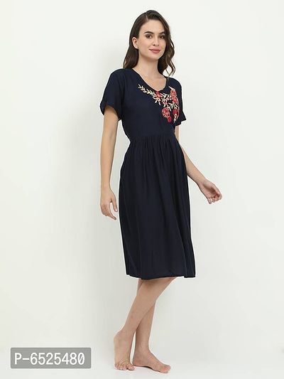 Stylish Navy Blue Rayon Embroidered Short Night Dress For Women-thumb3