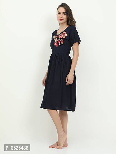 Stylish Navy Blue Rayon Embroidered Short Night Dress For Women-thumb5