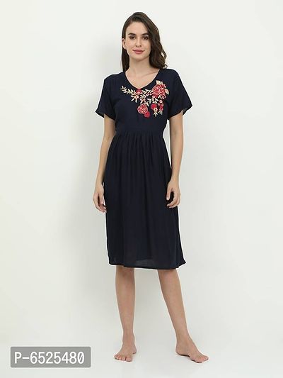 Stylish Navy Blue Rayon Embroidered Short Night Dress For Women-thumb0