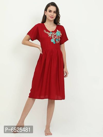 Stylish Maroon Rayon Embroidered Short Night Dress For Women