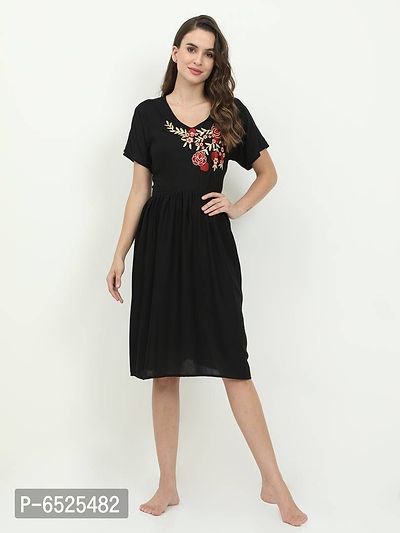 Stylish Black Rayon Embroidered Short Night Dress For Women