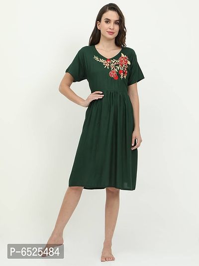 Stylish Bottle Green Rayon Embroidered Short Night Dress For Women