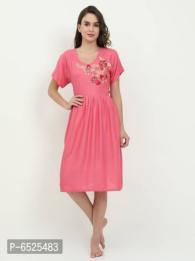 Stylish Light Pink Rayon Embroidered Short Night Dress For Women
