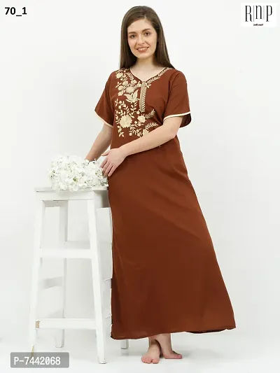 Stylish Fancy Brown Embroidered PV Nighty For Women-thumb0