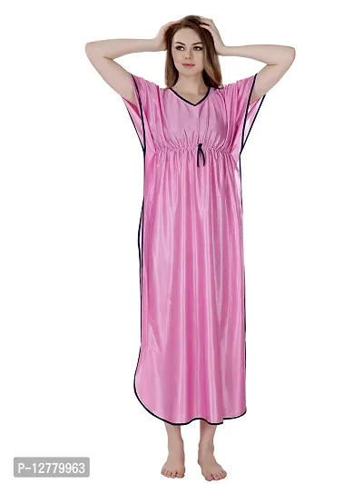 Elegant Pink Satin Solid Nighty For Women-thumb3