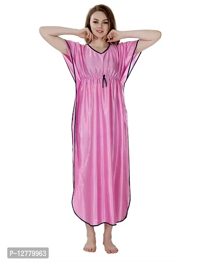 Elegant Pink Satin Solid Nighty For Women-thumb0