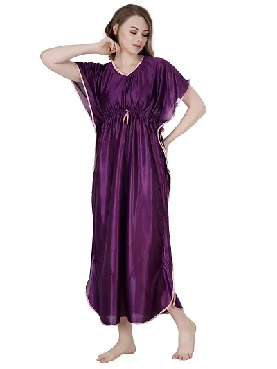 Stylish Satin V Neck Half Sleeves Solid Kaftan Nighty/Night Gown