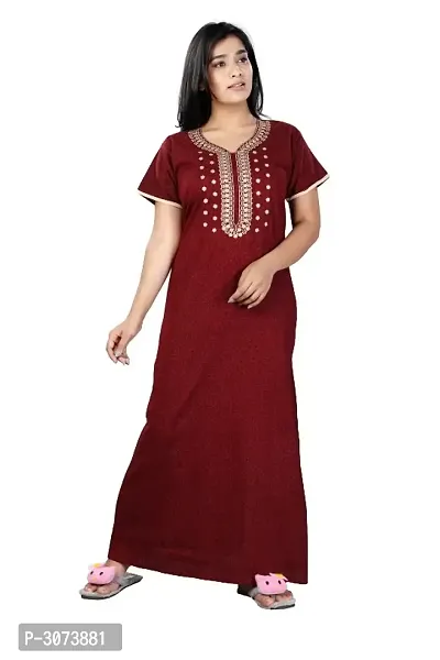 RnP Maroon Classic Neck Embroidery Cotton Nighty-thumb0