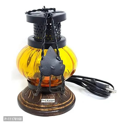 Wooden and Glass Decorative Electric Lamp/Lantern (Small, yellow)