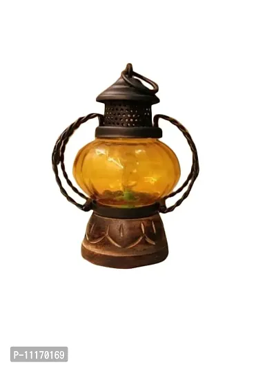 Wooden and Glass Decorative Electric Lamp/Lantern (Small, yellow)