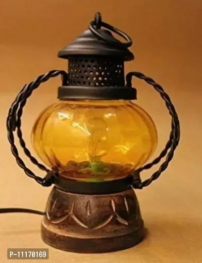Wooden and Glass Decorative Electric Lamp/Lantern (Small, yellow)-thumb2