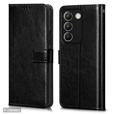 COVERBLACK Leather Finish imported TPU Wallet Stand Magnetic Closure Flip Cover for Vivo T3 5G- Starry Black-thumb0