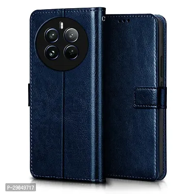 COVERBLACK Leather Finish imported TPU Wallet Stand Magnetic Closure Flip Cover for Realme 12+ 5G - Navy Blue