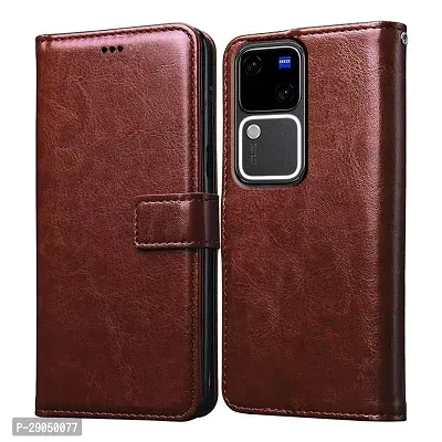 COVERBLACK Leather Finish imported TPU Wallet Stand Magnetic Closure Flip Cover for Vivo V30 5G - Tan Brown-thumb0