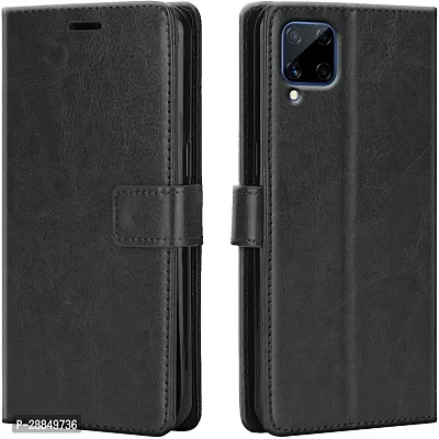 COVERBLACK Dual Protection Artificial Leather::Rubber Flip Cover for Samsung Galaxy A12 - Venom Black