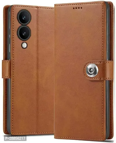 Classy Dual Protection Artificial Leather And Rubber Flip Cover For Vivo Y28 5G - Tan Brown-thumb0