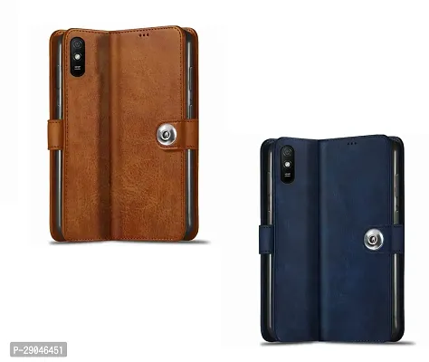 COVERBLACK Mi Redmi 9i Sport Combo 2 Flip Cover | Wallet Stylish Button Magnetic Leather Case for Mi Redmi 9i Sport - Blue / Brown-thumb2