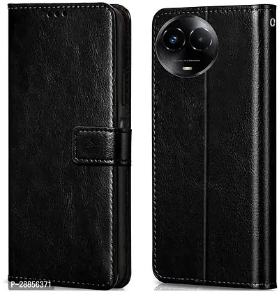 Classy Dual Protection Artificial Leather And Rubber Flip Cover For Realme 11X 5G - Venom Black-thumb0