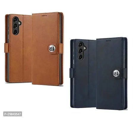 COVERBLACK Leather Finish Combo 2 Flip Cover for Samsung F34 5G - SM-E346BZ | Wallet Button Magnetic for Samsung Galaxy F34 5G - Brown / Blue