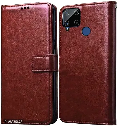 Stylish Brown Artificial Leather Flip Cover Realme C15-thumb0