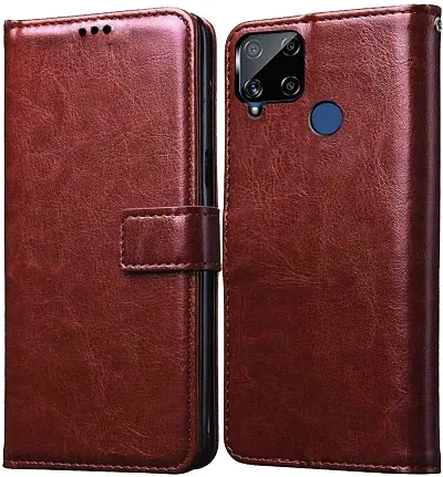 RRTBZ Foldable Stand Diary Wallet Flip Cover Case Compatible for Realme C15 / Realme C12 -Brown