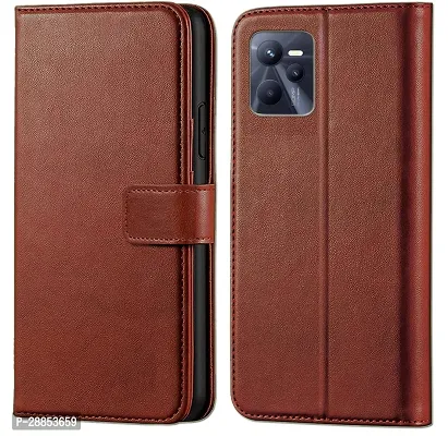 Classy Shock Proof Artificial Leather Flip Cover For Realme C35 - Brown-thumb0