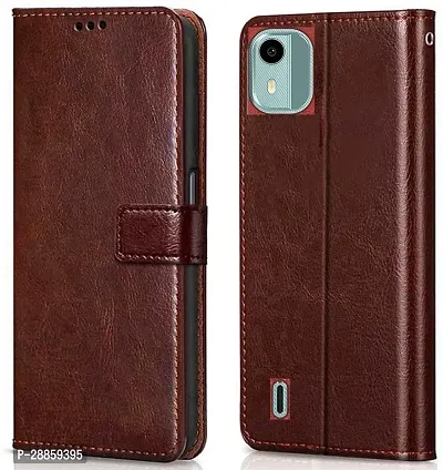 Classy Magnetic Case Artificial Leather And Silicon Flip Cover For Nokia C12 Android 12 - Tan Brown-thumb0