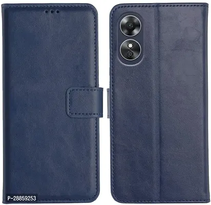 Classy Matte Finish Artificial Leather And Silicon Flip Cover For Oppo Cph2477 / Oppo_A17 - 6.56 - Blue-thumb0