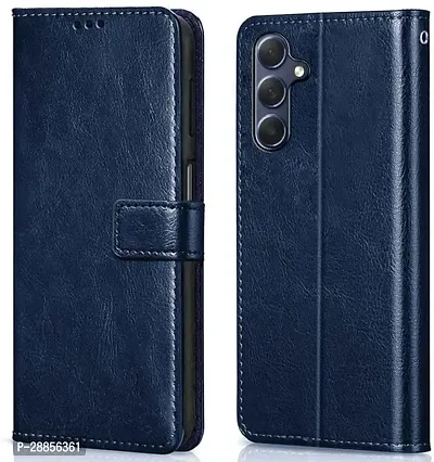 Classy Magnetic Case Artificial Leather And Rubber Flip Cover For Samsung Galaxy M34 5G - Navy Blue-thumb0