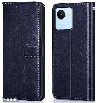 COVERBLACK Dual Protection Artificial Leather::Silicon Flip Cover for Realme RMX3581 / Realme_C30 - Navy Blue-thumb0