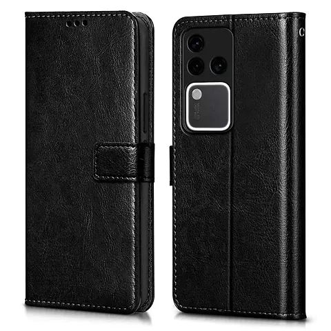 COVERBLACK Leather Finish imported TPU Wallet Stand Magnetic Closure Flip Cover for Vivo V30 Pro 5G - Starry Black