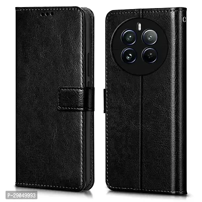 COVERBLACK Leather Finish imported TPU Wallet Stand Magnetic Closure Flip Cover for Realme 12 Pro+ 5G- Starry Black-thumb0