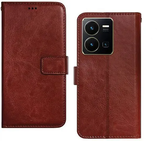 Cloudza Vivo Y35 Flip Back Cover | PU Leather Flip Cover Wallet Case with TPU Silicone Case Back Cover for Vivo Y35 Brown