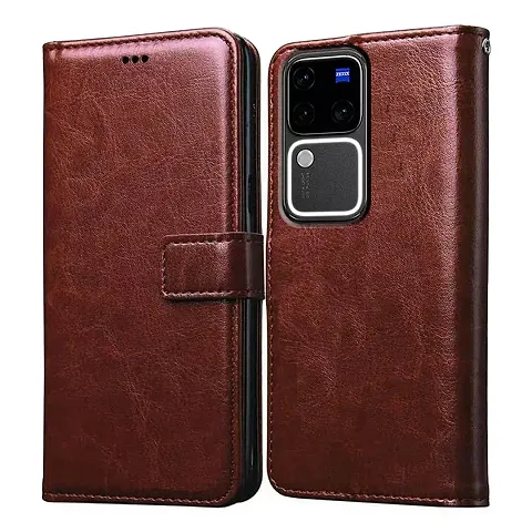 COVERBLACK Leather Finish imported TPU Wallet Stand Magnetic Closure Flip Cover for Vivo V30 Pro 5G - Tan Brown