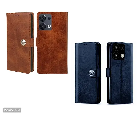 COVERBLACK Combo 2 Flip Cover for OPPO CPH2359 / Reno8 5G | Wallet Stylish Button Magnetic for OPPO Reno8 5G - Brown / Blue