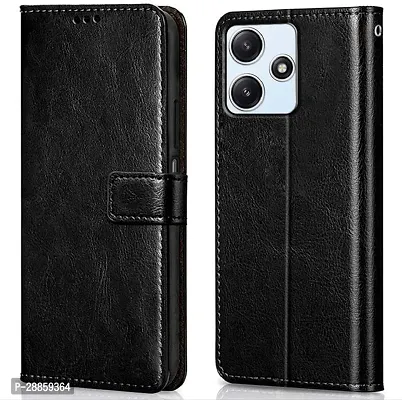 Classy Dual Protection Artificial Leather And Rubber Flip Cover For Redmi 12 5G - Venom Black-thumb0