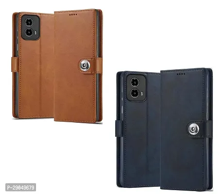 COVERBLACK Genuine Leather Finish Combo 2 Flip Cover for Motorola Moto G24 Power | Wallet Button Magnetic for Motorola G24 Power - Brown / Blue-thumb0