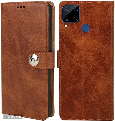 Classy Hybrid Tpu Artificial Leather Flip Cover For Realme C15 Qua Edi - Brown-thumb0