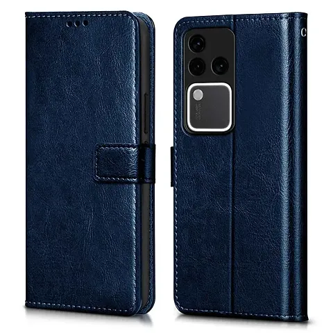 COVERBLACK Leather Finish imported TPU Wallet Stand Magnetic Closure Flip Cover for Vivo V30 Pro 5G - Navy Blue