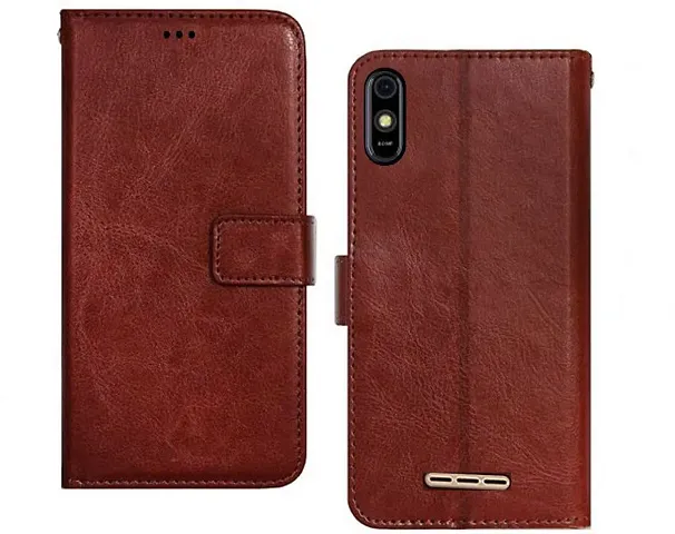 Cloudza Lava Z61 Pro Flip Back Cover | PU Leather Flip Cover Wallet Case with TPU Silicone Case Back Cover for Lava Z61 Pro Brown