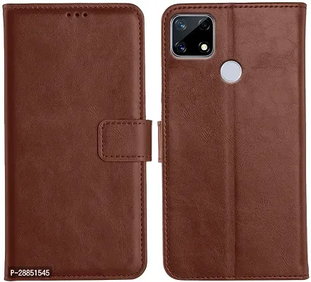 COVERBLACK Magnetic Case Artificial Leather::Plastic Flip Cover for Realme C12 - Executive Brown-thumb0