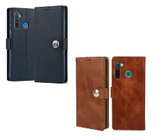 COVERBLACK Realme RMX2030 / Realme 5i Combo 2 Flip Cover | Wallet Stylish Button Magnetic Leather Case for OPPO Realme 5i - Blue / Brown-thumb1