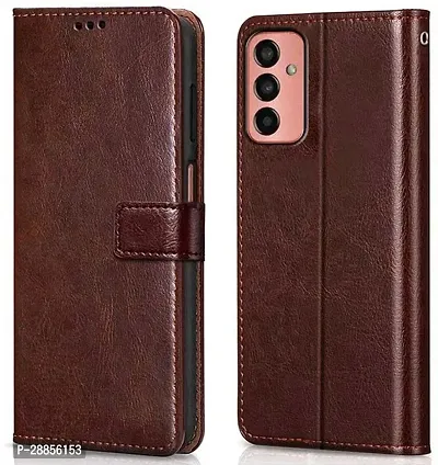 COVERBLACK Dual Protection Artificial Leather Flip Cover for SAMSUNG M13 -SM-M135F 4G - Brown-thumb0